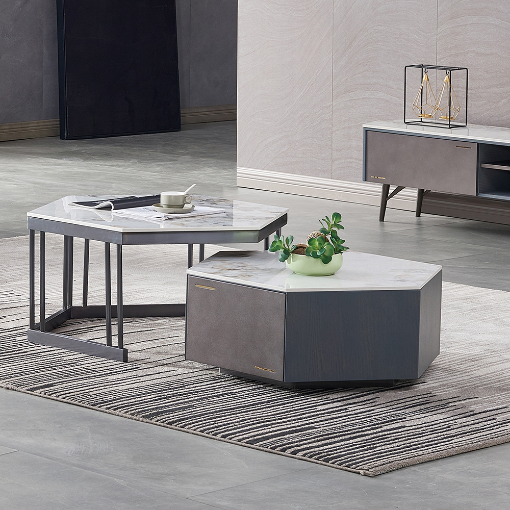 

Modern Hexagon Nesting 2-Piece Stone Top Coffee Table Set