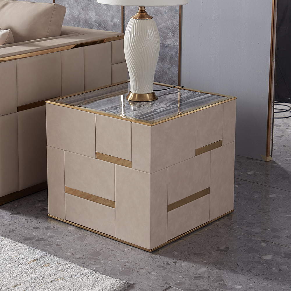 

Modern Square Rose Gold End Table with Faux Marble Top