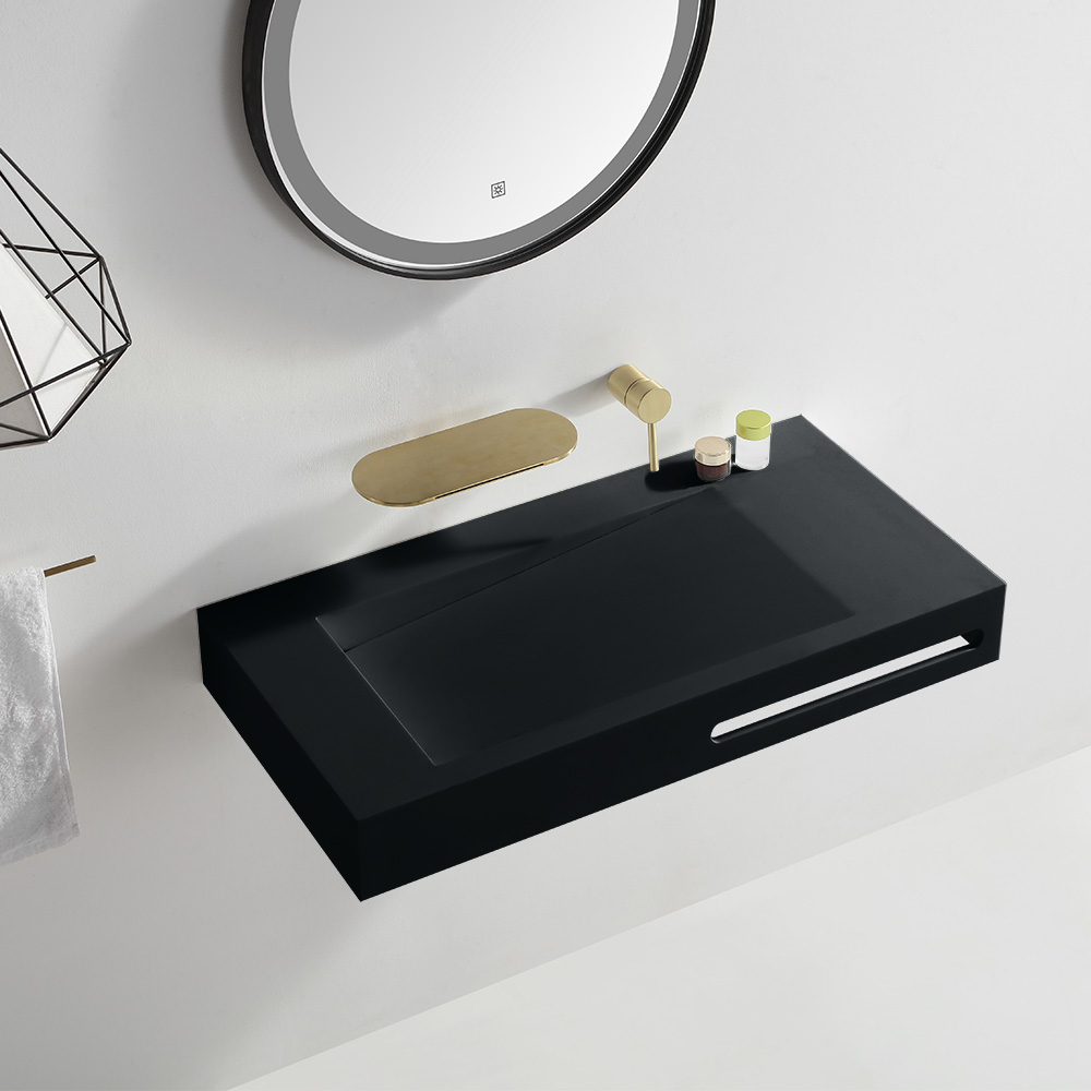 

Wall-Hung Rectangular Bathroom Sink Stone Resin in Matte Black