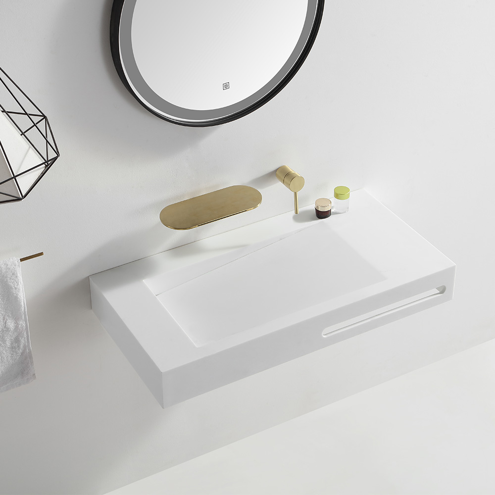 Image of Modern Wall Mounted Rectangular Bathroom Sink Stone Resin in Matte White