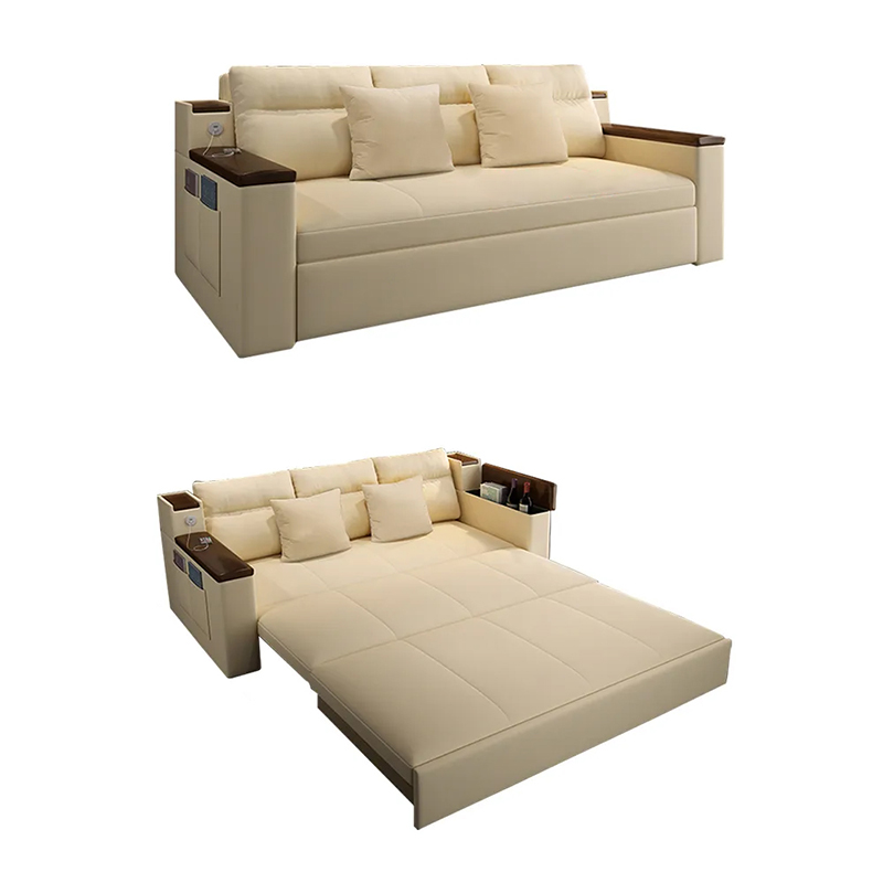 2100mm Beige Full Sleeper Sofa Linen Convertible Sofa Bed with Storage & Side Pockets
