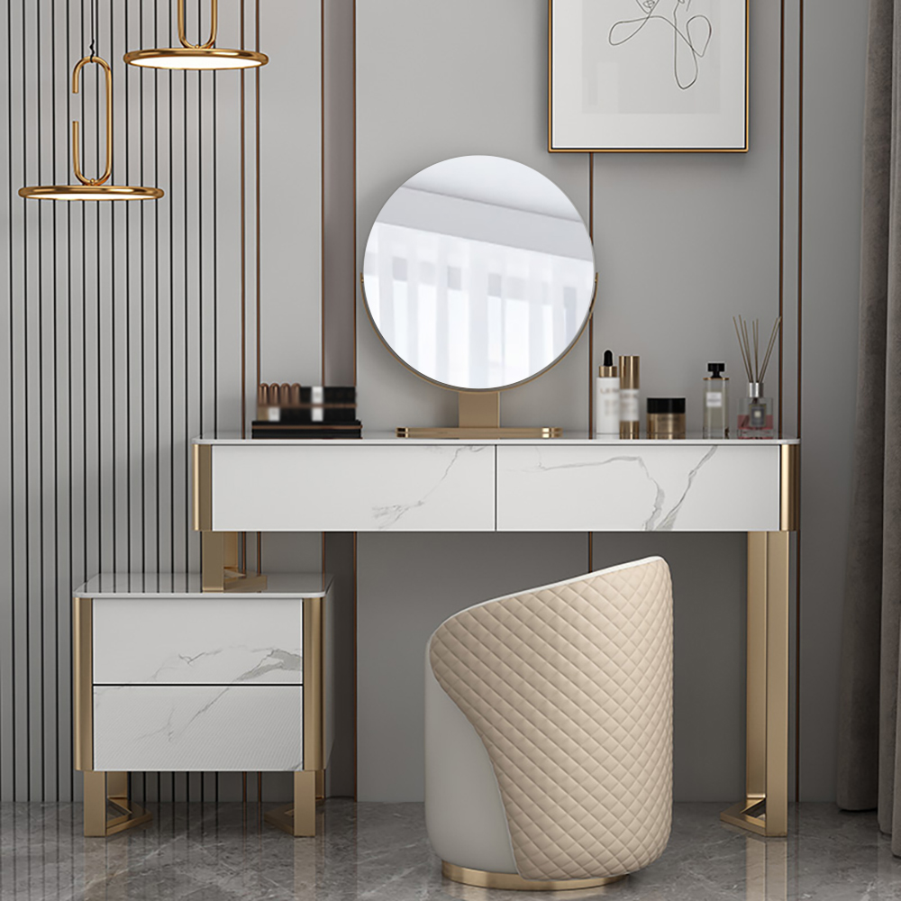 

Modern White Makeup Vanity Set with Stone Top & Cabinet Mirror & Stool Included
