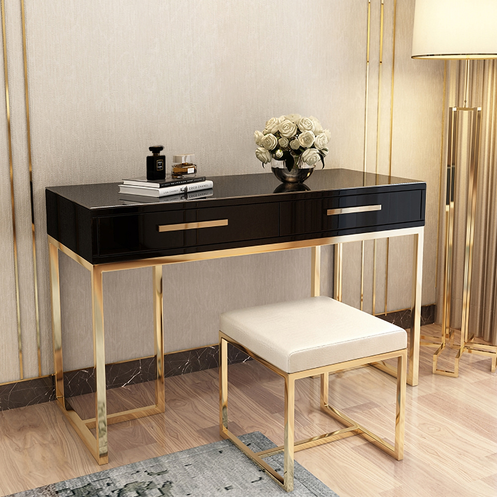 

47" Rectangular Writing Desk Black Computer Desk with Drawer Gold Leg