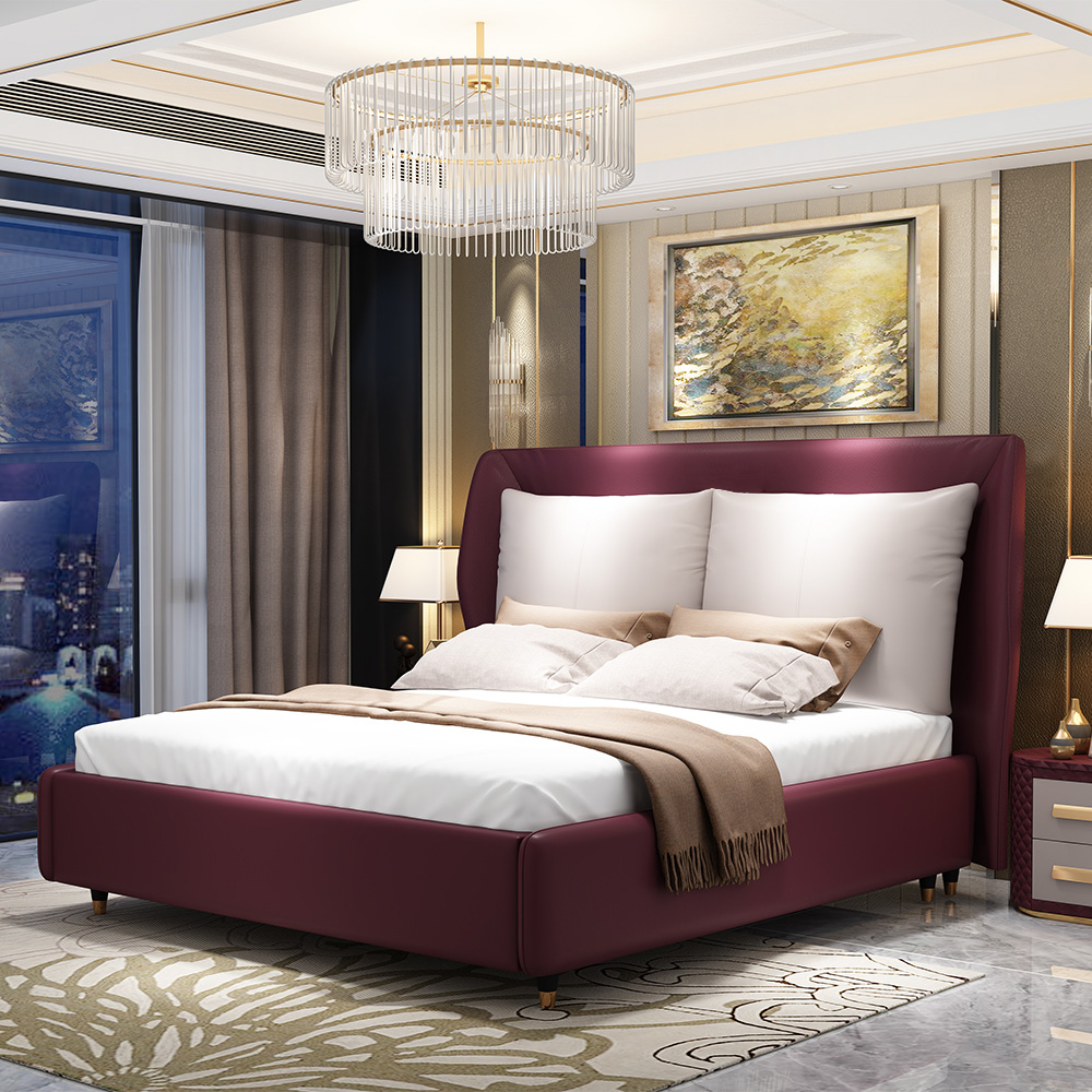 

Modern Purple Microfiber Leather Upholstered Bed with Wingback Headboard