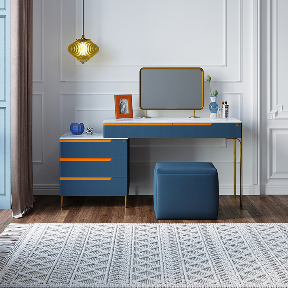 

Modern Makeup Vanity with Stone Top Cabinet & Mirror & Stool Included in Blue