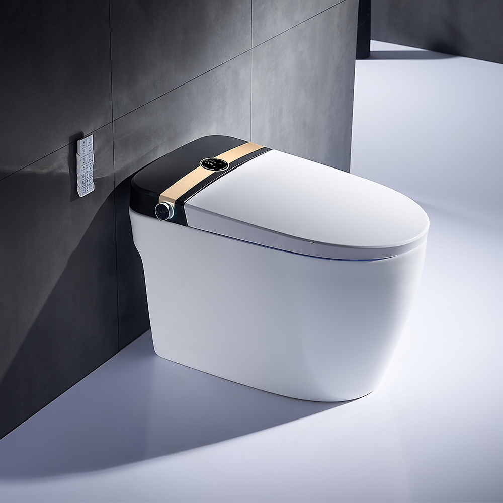Image of Elongated One-Piece Smart Toilet Floor Mounted Automatic Toilet in Black & Gold Rim