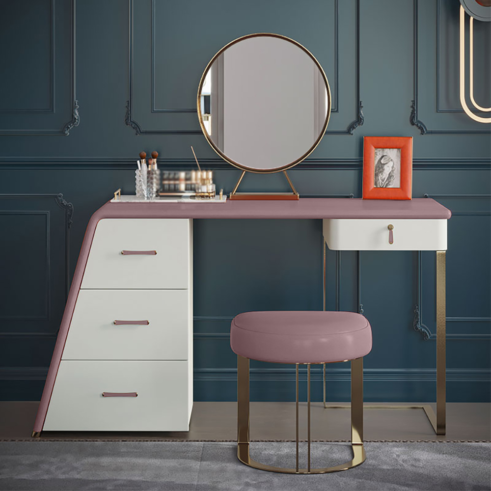 

Modern MDF Top Makeup Vanity Set with Drawers Mirror & Stool Included in Pink