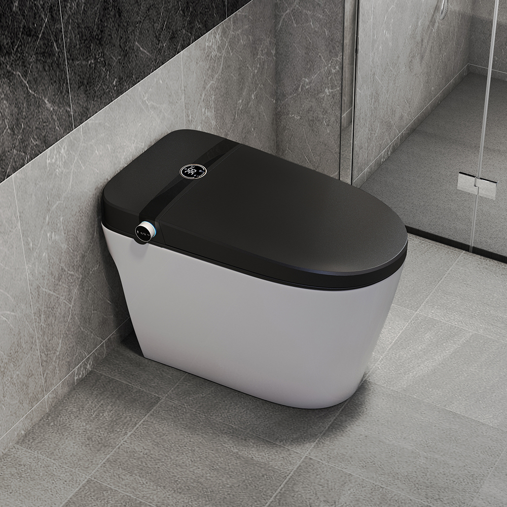 Image of Elongated One-Piece Smart Toilet Floor Mounted Automatic Toilet in White & Black