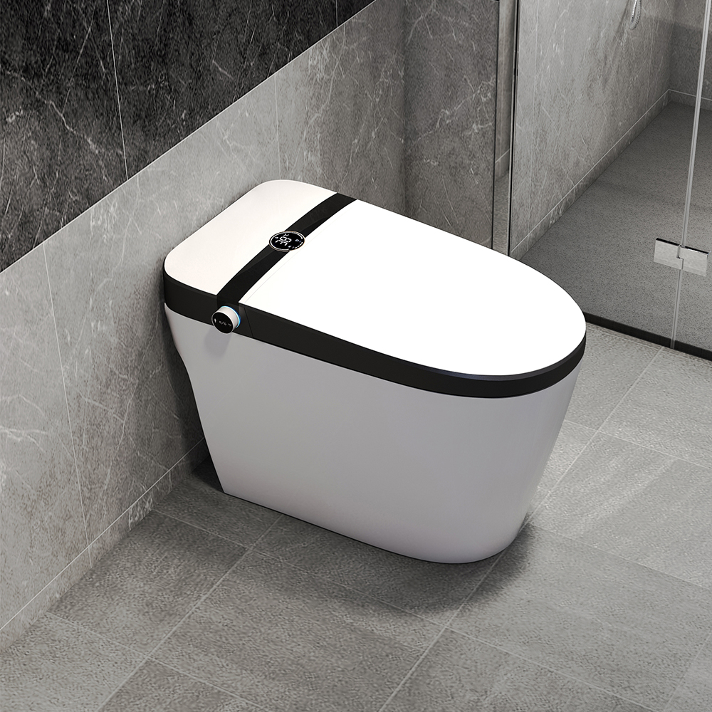 Elongated One-piece Smart Toilet Floor Mounted Automatic Toilet In Black Rim