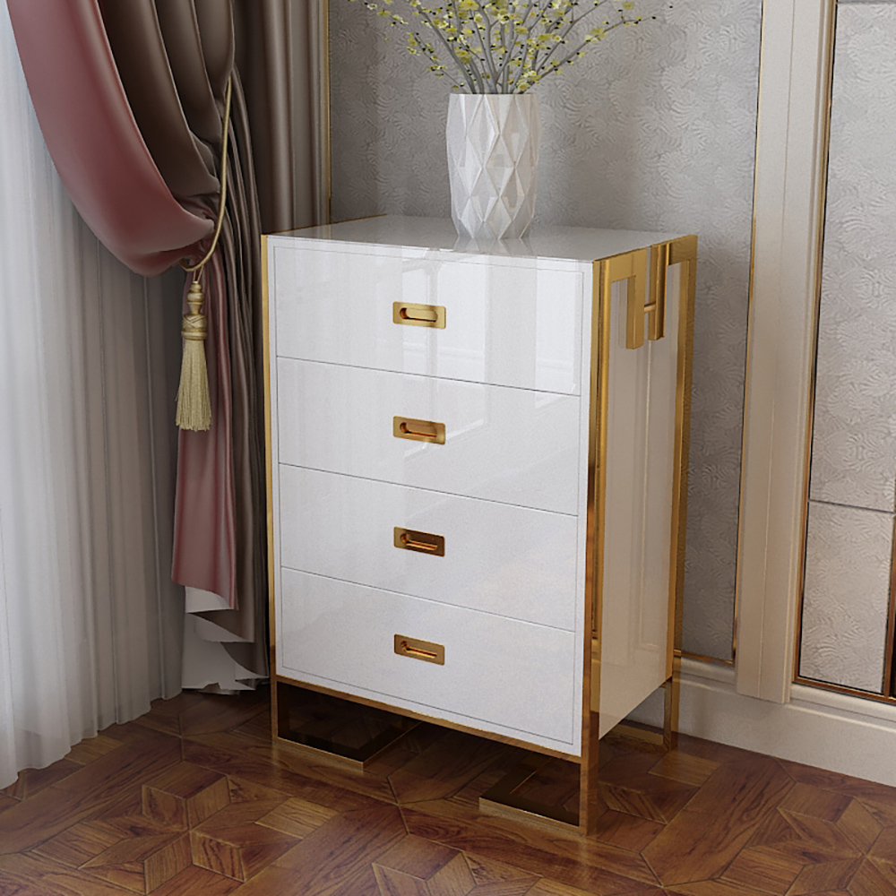 

Modern White Cabinet Tempered Glass Top 4-Drawer Lacquered Chest in Gold
