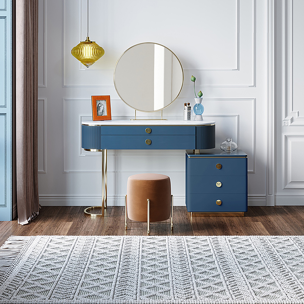

Modern Stone & MDF Top Makeup Vanity Set with Cabinet Mirror & Stool in Blue