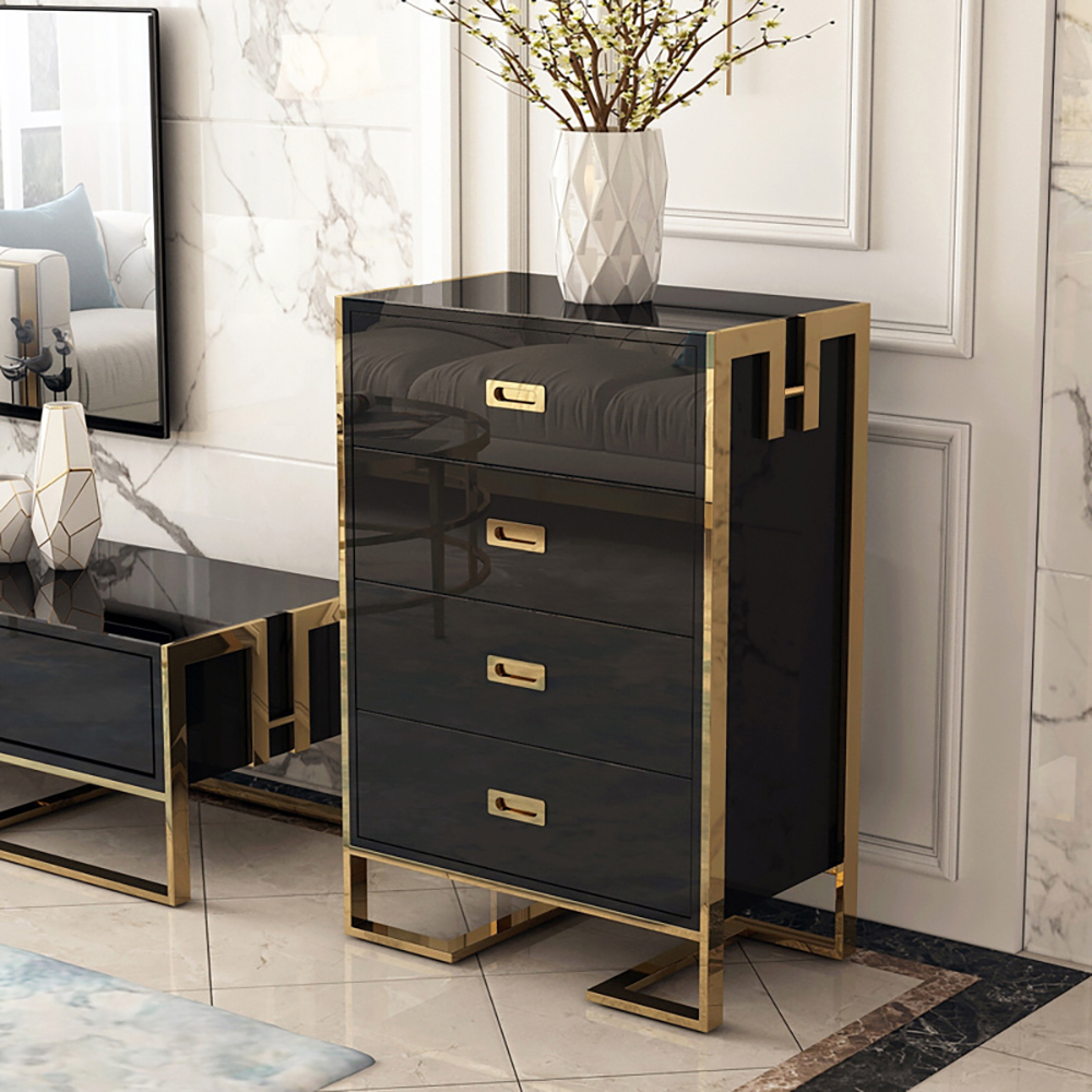 

Modern Black Cabinet Tempered Glass Top 4-Drawer Lacquered Chest in Gold