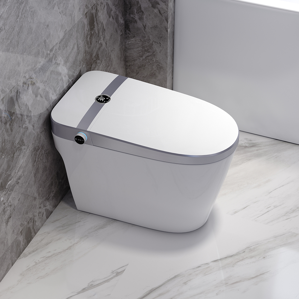 

Elongated One-Piece Smart Toilet Floor Mounted Automatic Toilet in Silver Rim