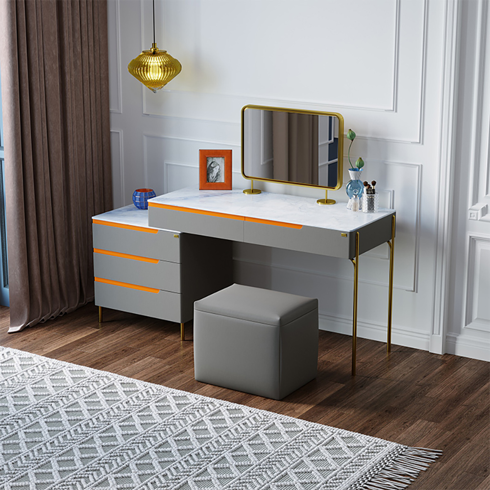 

Modern Makeup Vanity with Stone Top Cabinet & Mirror & Stool Included in Dark Gray