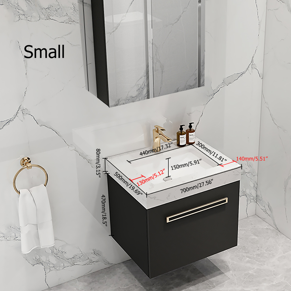 28" Black Floating Bathroom Vanity Single Sink with Faux Marble Top & Storage