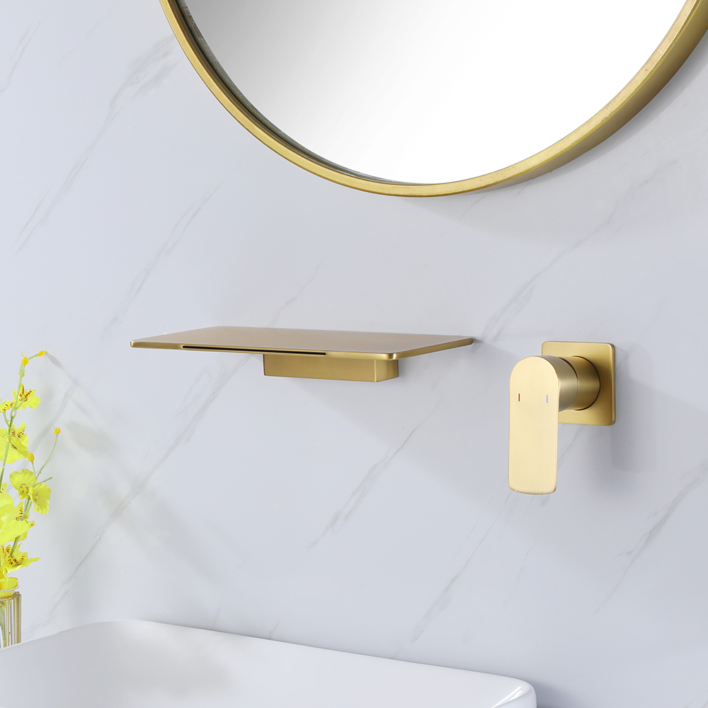 Waterfall Wall Mount Brushed Gold Single Lever Handle Bathroom Basin Tap Solid Brass