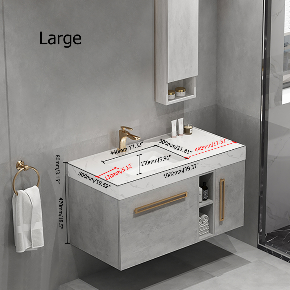 1000mm Grey Floating Bathroom Vanity Single Basin with Faux Marble Top & Storage