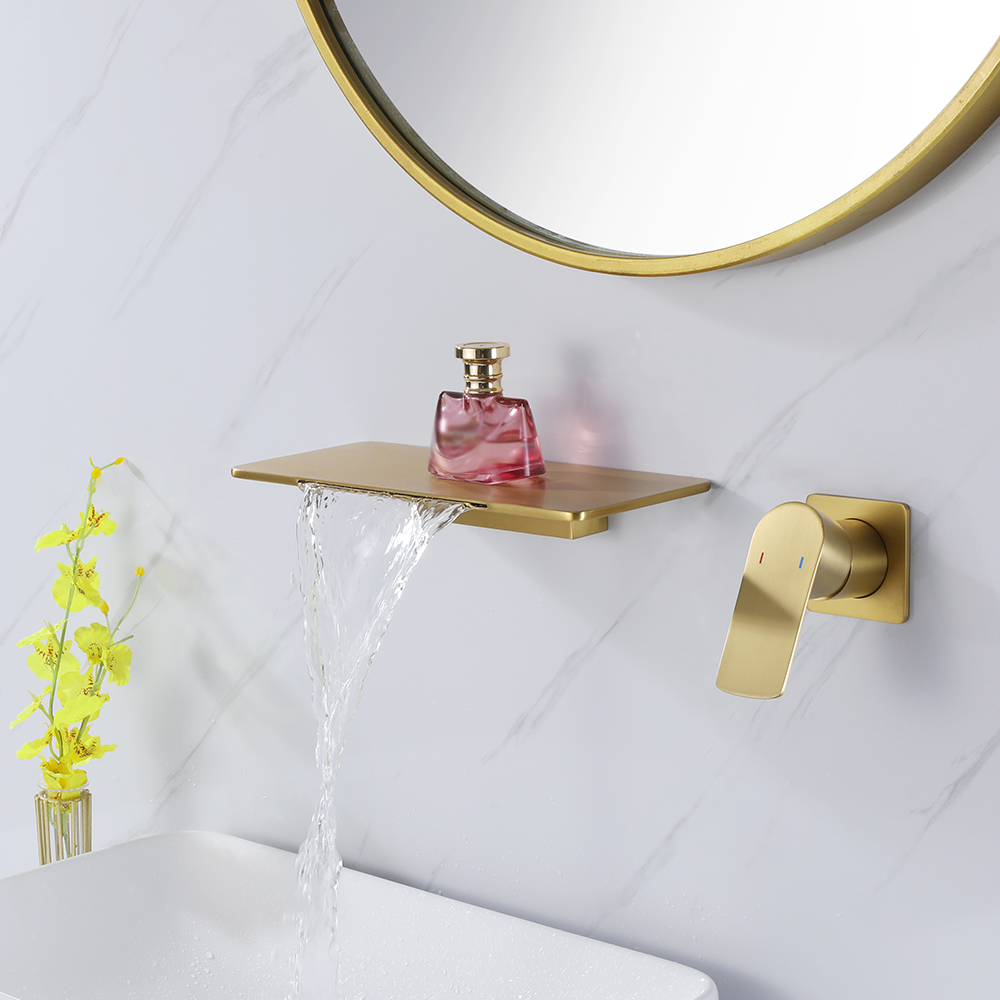 Waterfall Wall Mount Brushed Gold Single Handle Bathroom Sink Faucet Solid Brass