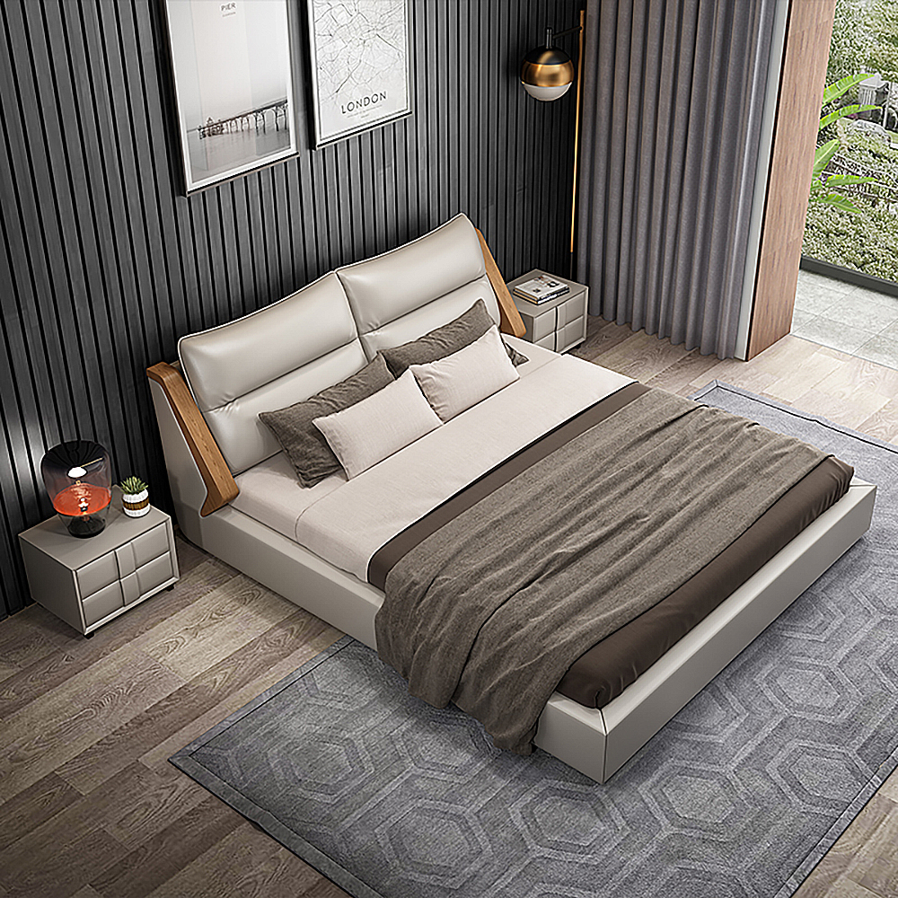 

Modern Platform Bed Faux Leather Upholstered Storage Bed with Cushioned Headboard