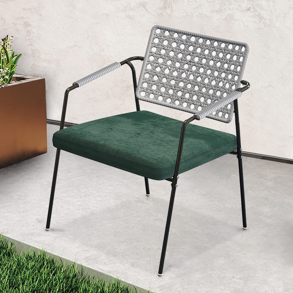 

Modern Gray Rattan Patio Accent Chair Velvet Upholstered with Carbon Steel Frame