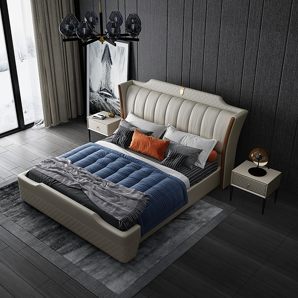 

Gray Wingback Bed Faux Leather Upholstered Storage Bed with Channel Tufted Headboard