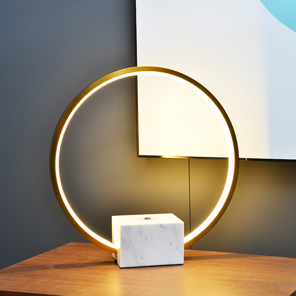 Image of Modern LED Circle Table Lamp in Gold with White Marble Base