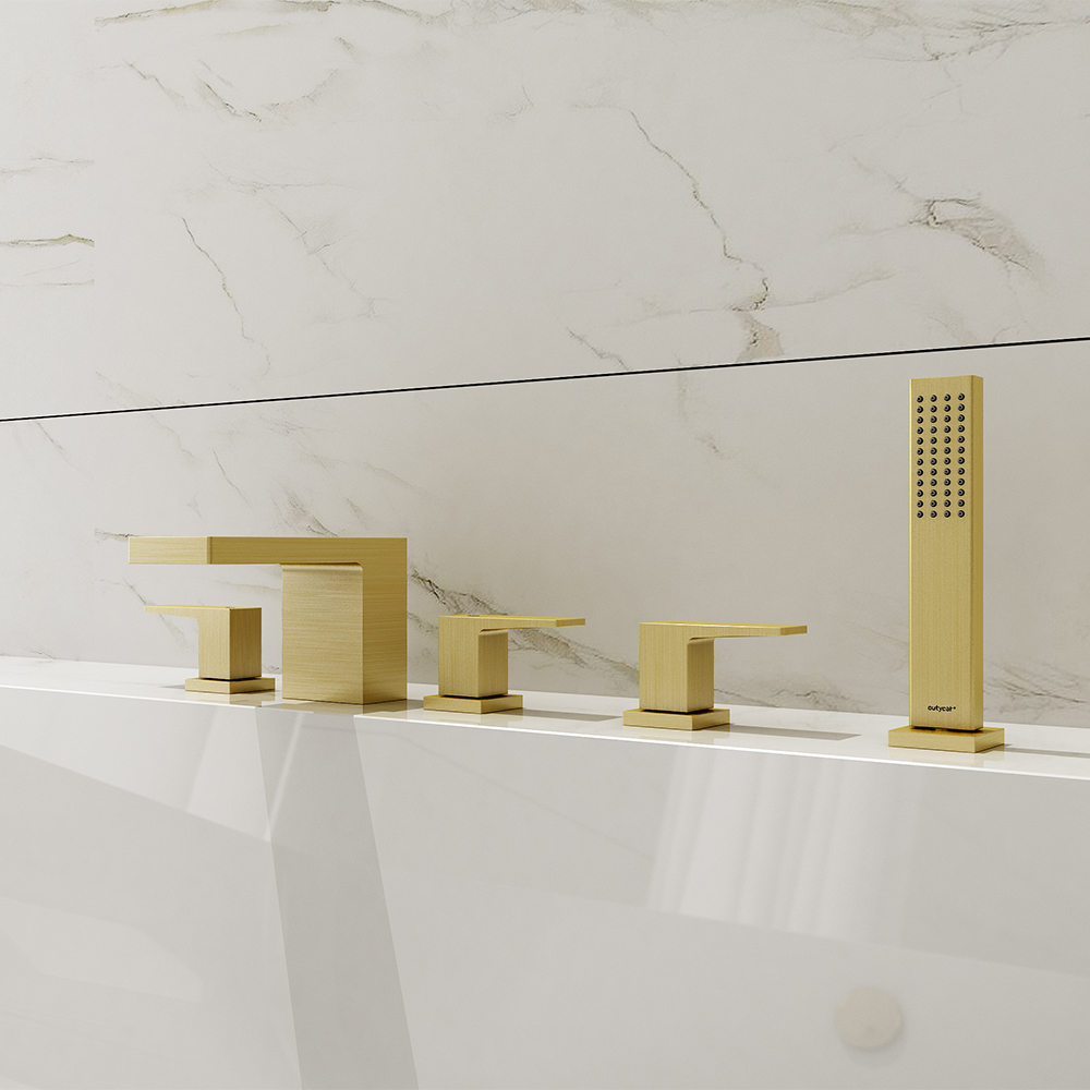 

Gold Waterfall Deck Mounted Roman Bathtub Faucet with Handshower Solid Brass