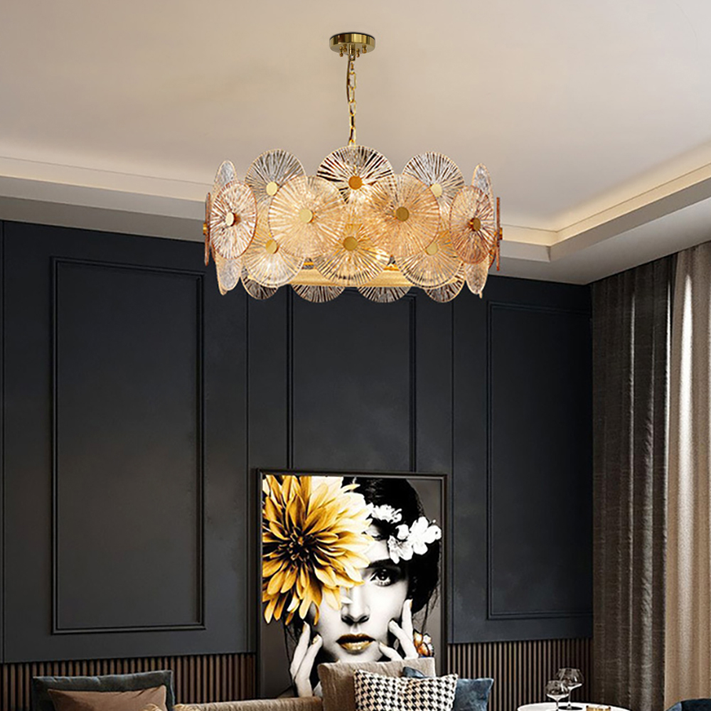 

Modern Round Glass Chandelier 8-Light in Antique Brass