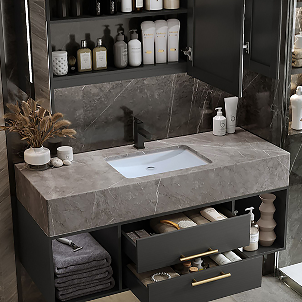 1000mm Floating Black & Grey Bathroom Vanity with Stone Countertop Basin with 2 Drawers