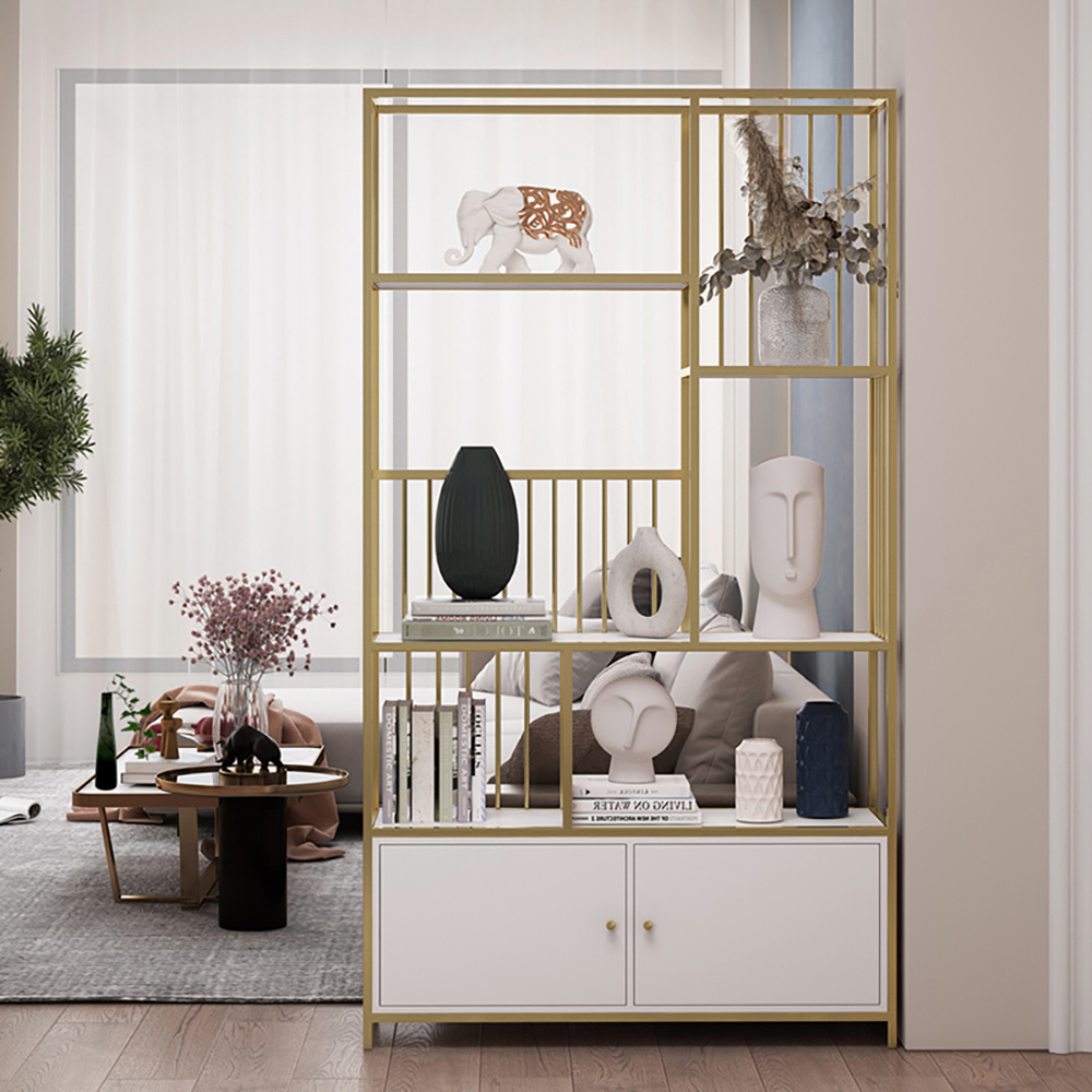 

70" Modern 4-Tier Geometric Bookshelf with 2 Doors in White & Gold