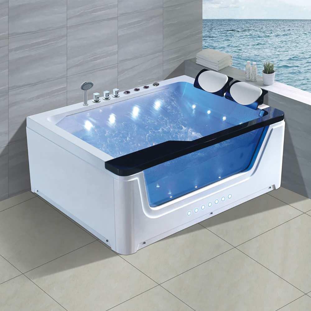 Image of 67'' Acrylic Rectangular LED Whirlpool Massage Bathtub with 2 Seats in White & Black