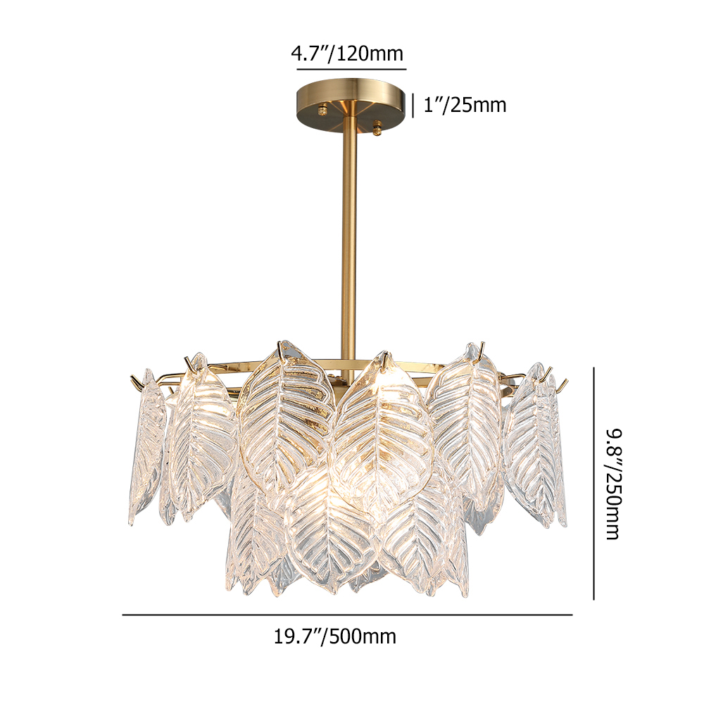 Contemporary Tiered 7-Light Glass Leaf Chandelier with Frame in Brass