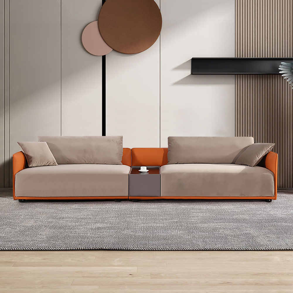 

Modern Sectional Sofa Velvet Upholstery in Gray & Orange for 4 Seaters with Cabinet