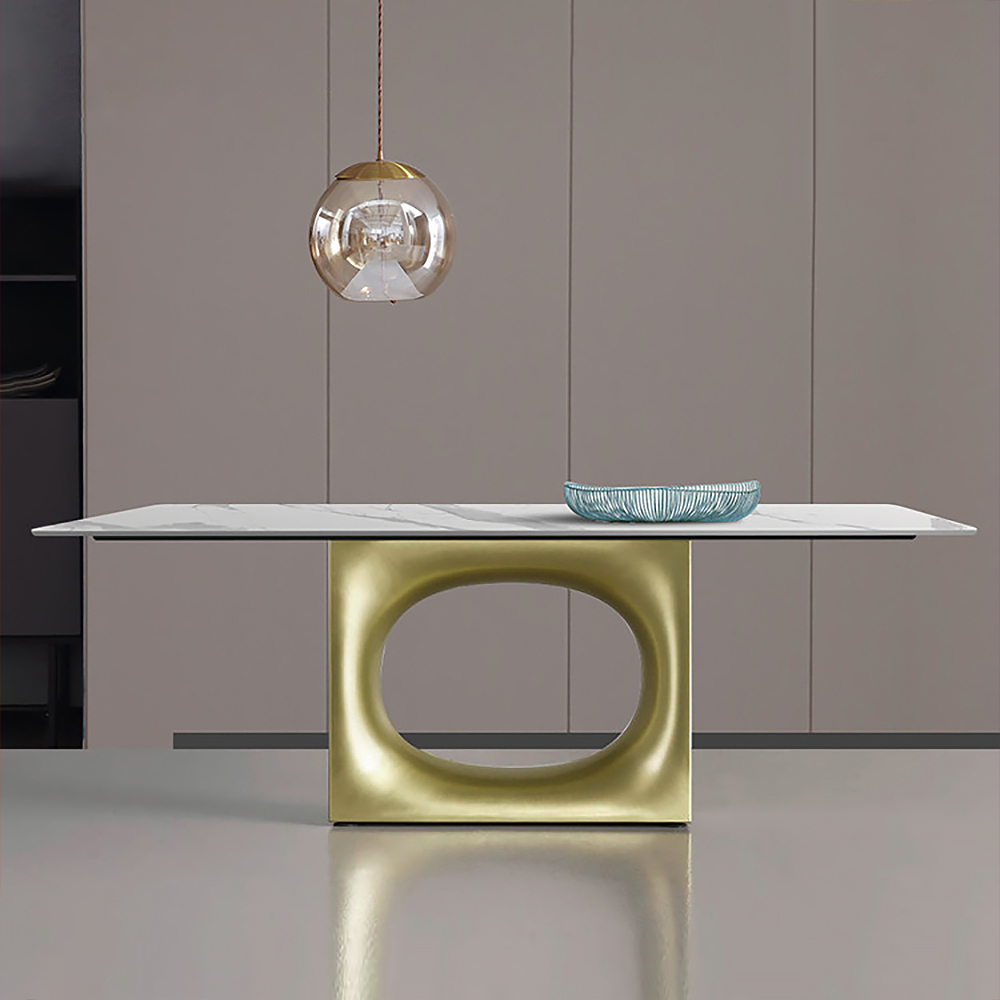 Mesa de comedor rectangular de piedra blanca y dorada de 2000 mm