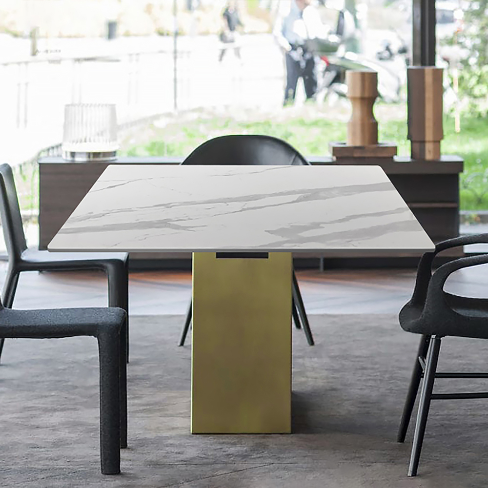 Table de salle à manger rectangulaire en pierre blanche et dorée 1600 mm
