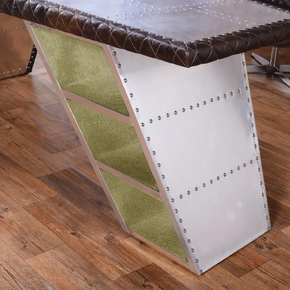 76" Aviator Desk with Storage Aluminum and Leather Office Desk