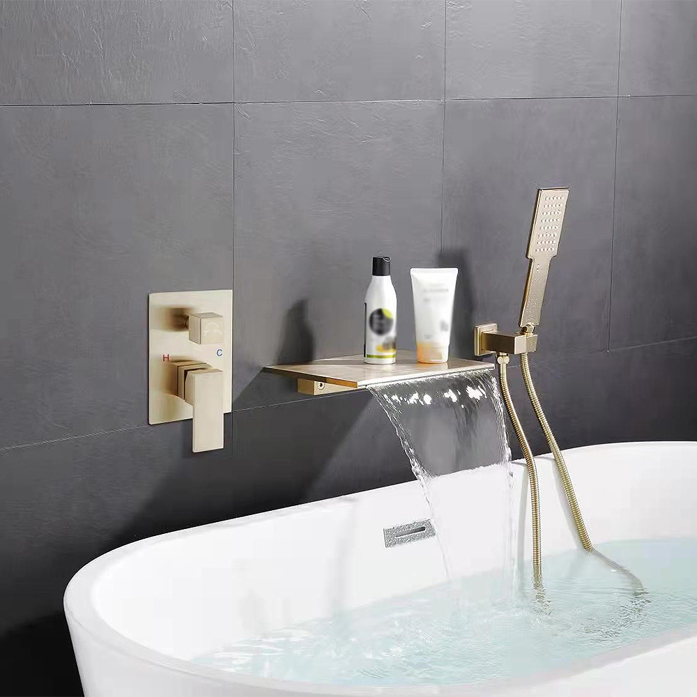 Solid Brass Waterfall Wall-Mounted Bathtub Faucet Tub Filler Single Handle Brushed Gold