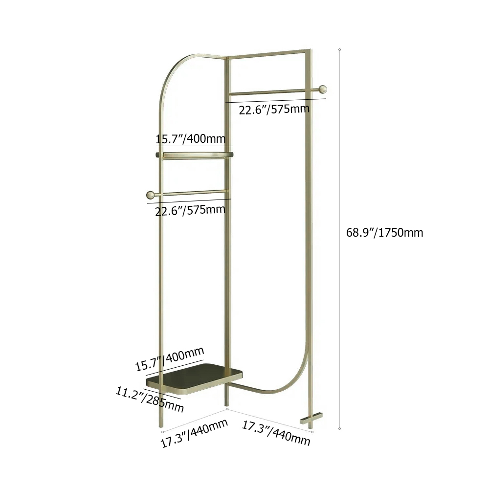 Modern Gold Freestanding Clothes Rack with 2 Shelf and Hanging Rod