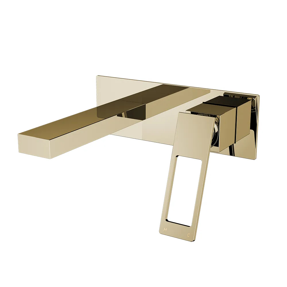 Modern Brushed Gold Wall Mount Bathroom Basin Tap Solid Brass