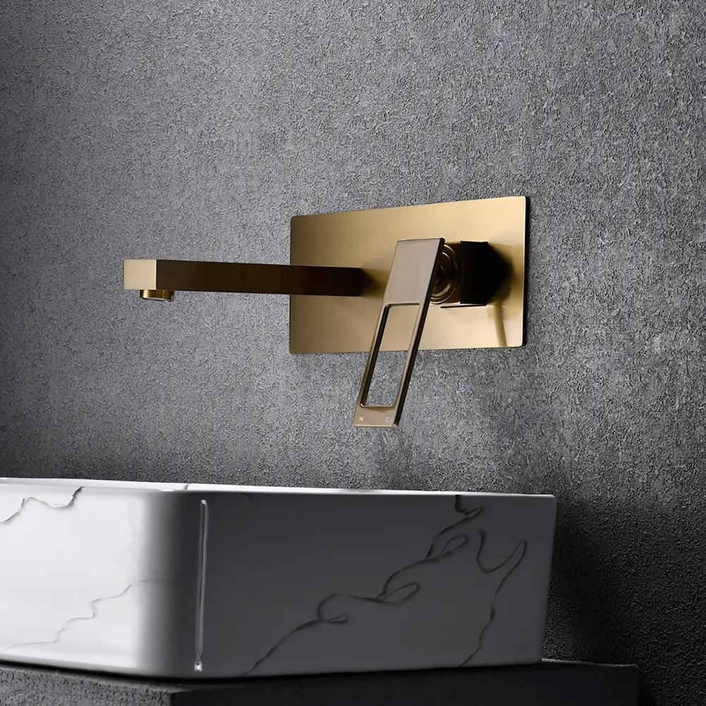 

Modern Brushed Gold Wall Mount Bathroom Sink Faucet Solid Brass