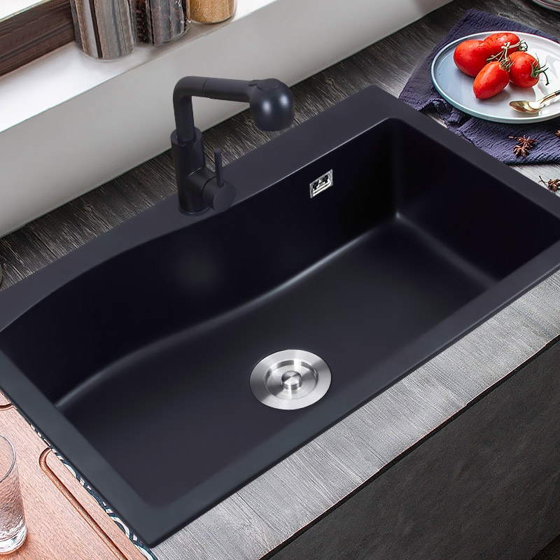 Modern Black Drop-in Kitchen Sink 30" Single Bowl Rectangular Quartz Sink