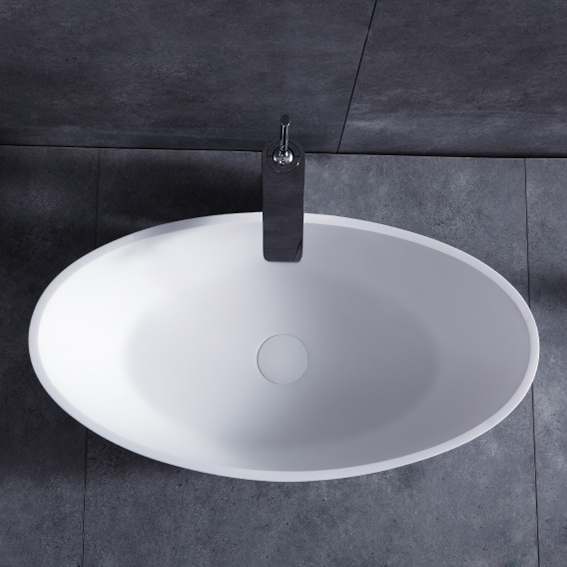 Modern Oval Stone Resin Deep Vessel Bathroom Sink in Matte White with Pop Up Drain