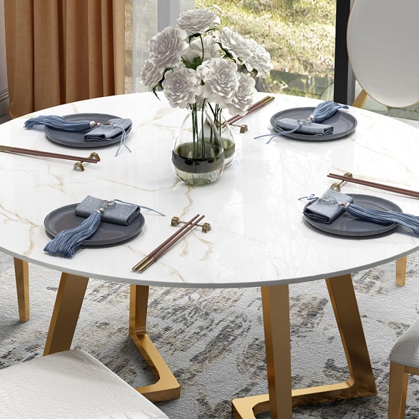 51 Inch Round Dining Table Modern White Faux Marble Top Stainless Steel Gold Legs