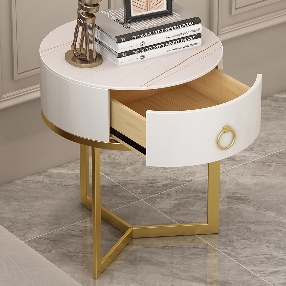 Modern Round Nightstand with 1 Drawer White Nightstand Bedside Table with Gold Frame