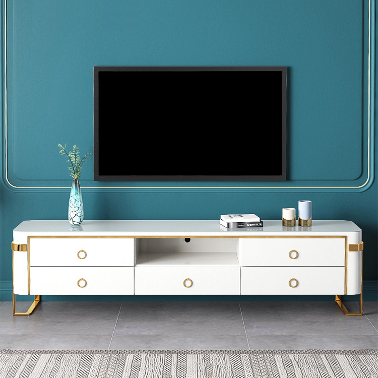 White TV Stand Modern Gold TV Console with Storage Media Cabinet for TVs Up to 78 Inches