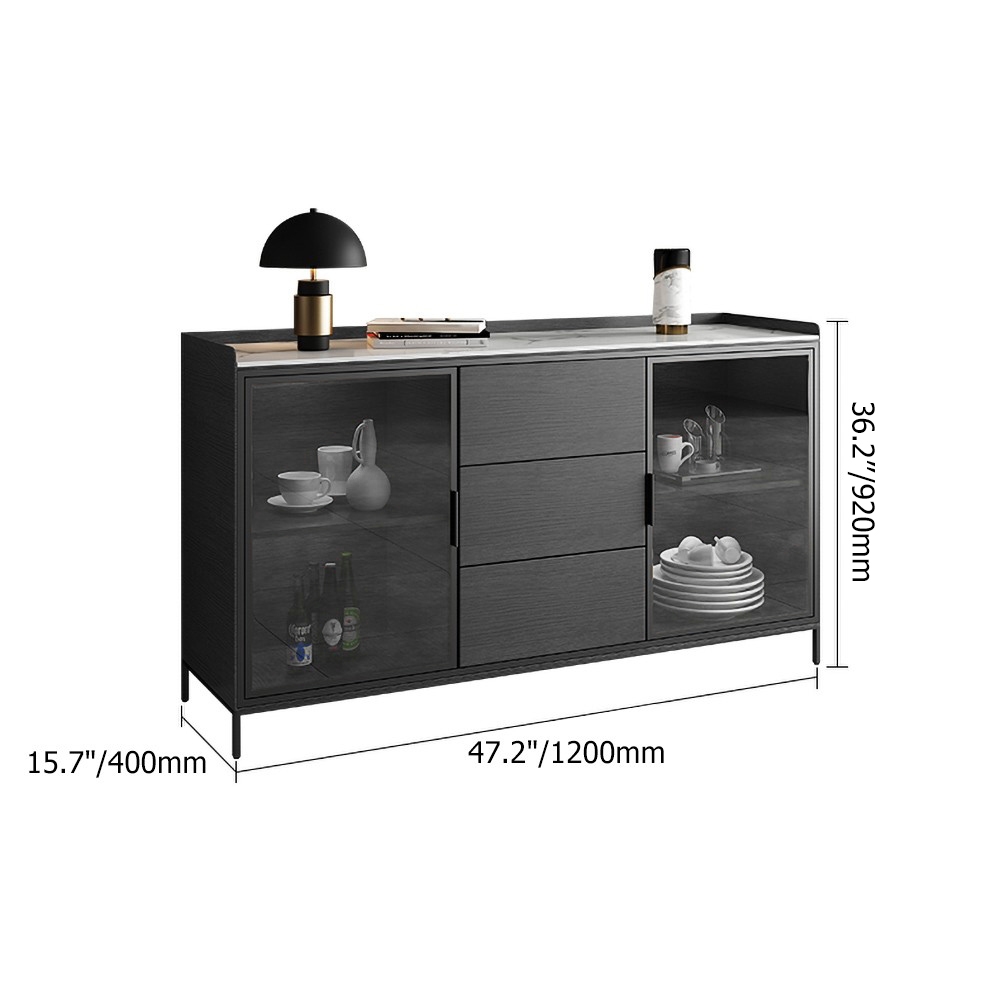 1200mm Black Sideboard Buffet Doors&Drawers Stone Top Modern Sideboard Cabinet in Small