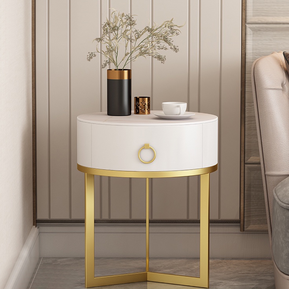 Modern Round Nightstand with 1 Drawer White Nightstand Bedside Table with Gold Frame