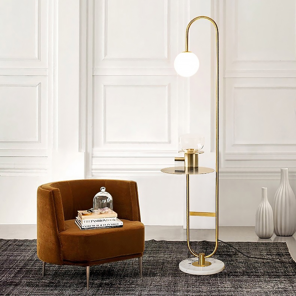 1500mm Modern Arc Floor Lamp with Shelf in Gold with Glass Shade & Marble Base