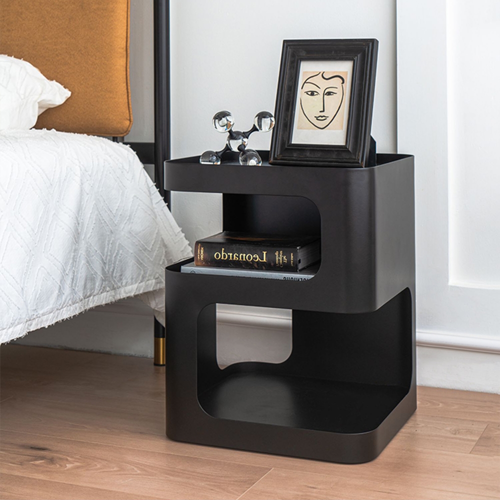 Modern Black End Table with Storage 3-Tier Hollow Side Table in Artistic Style