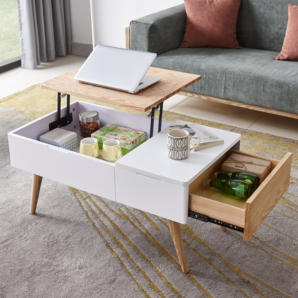 White&Natural Rectangular Coffee Table with Drawer Lift-Top Hidden Storage Accent Table
